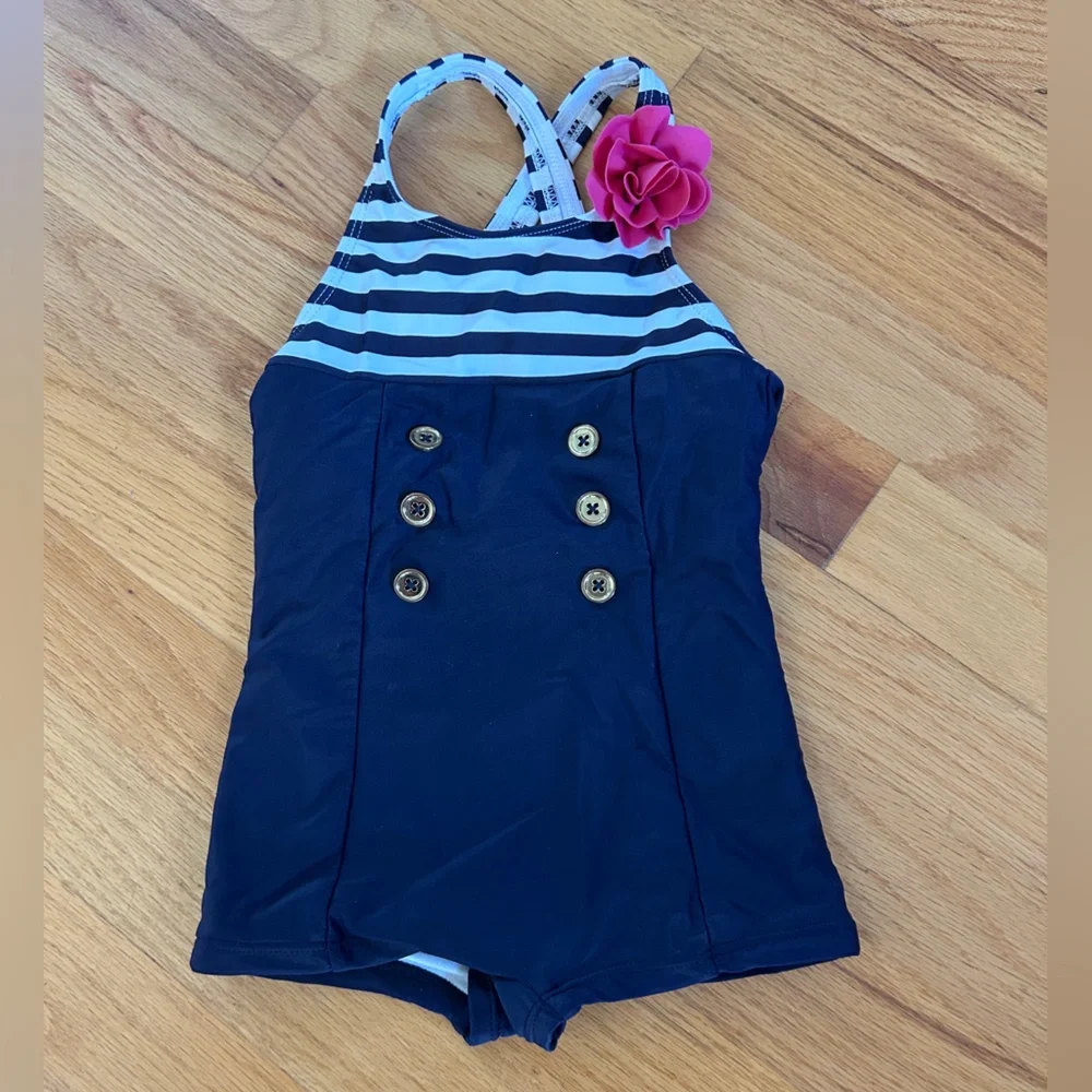 Janie and Jack Navy & White Striped One-Piece with Pink Flower